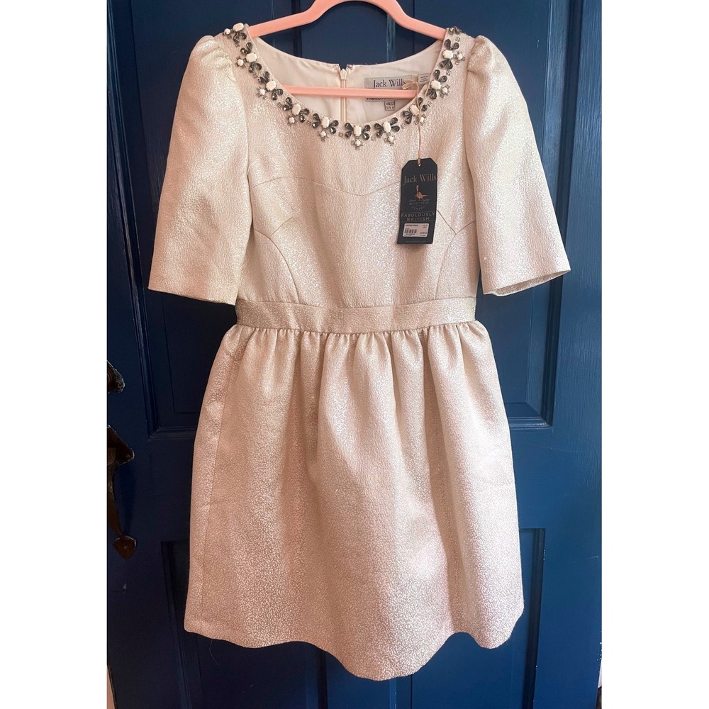 Jack Wills Lanting Dress NWT Cream Metallic Beaded Jeweled Neckline US 8‎